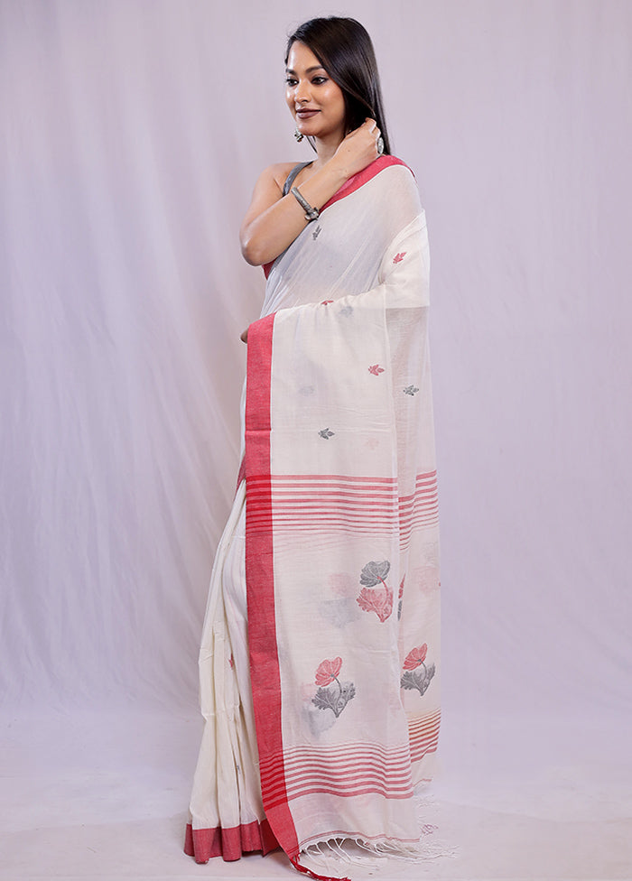 White Khadi Cotton Saree With Blouse Piece - Indian Silk House Agencies