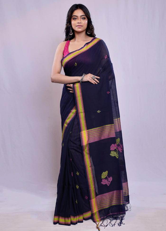 Blue Khadi Cotton Saree With Blouse Piece - Indian Silk House Agencies