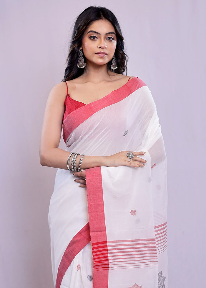 White Khadi Cotton Saree With Blouse Piece - Indian Silk House Agencies