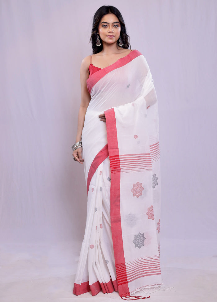 White Khadi Cotton Saree With Blouse Piece - Indian Silk House Agencies