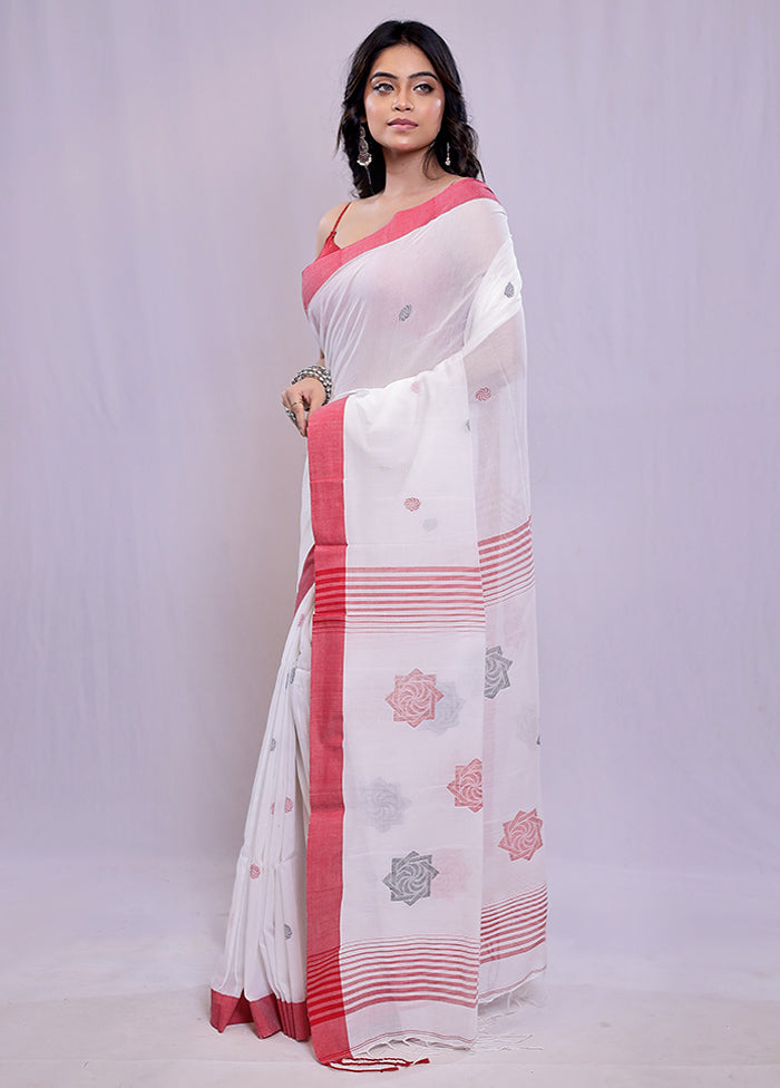 White Khadi Cotton Saree With Blouse Piece - Indian Silk House Agencies