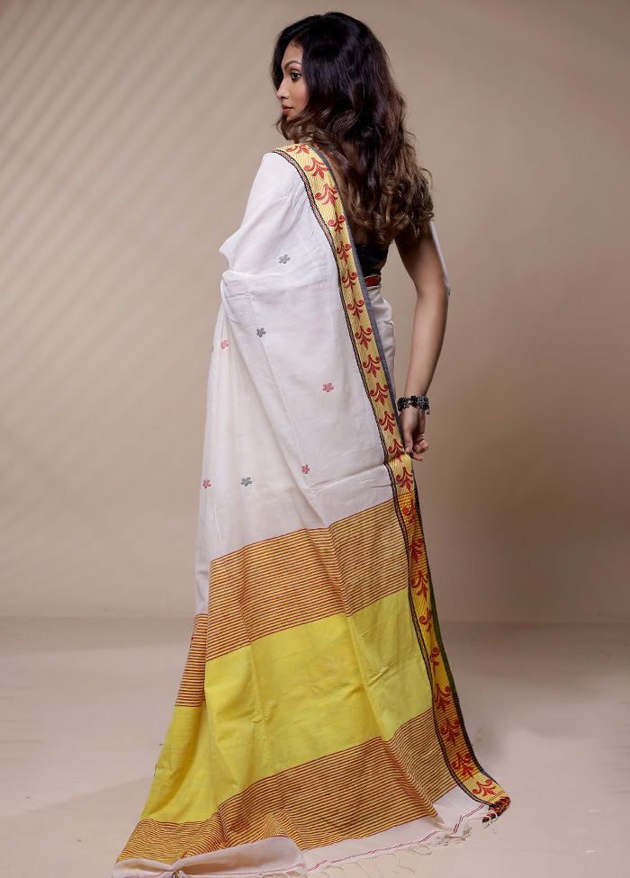 Cream Pure Khadi Cotton Saree Without Blouse Piece - Indian Silk House Agencies