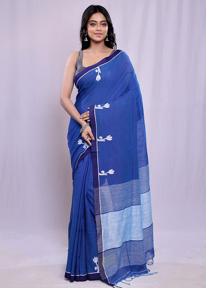 Blue Khadi Cotton Saree With Blouse Piece - Indian Silk House Agencies