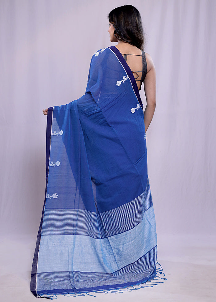 Blue Khadi Cotton Saree With Blouse Piece - Indian Silk House Agencies