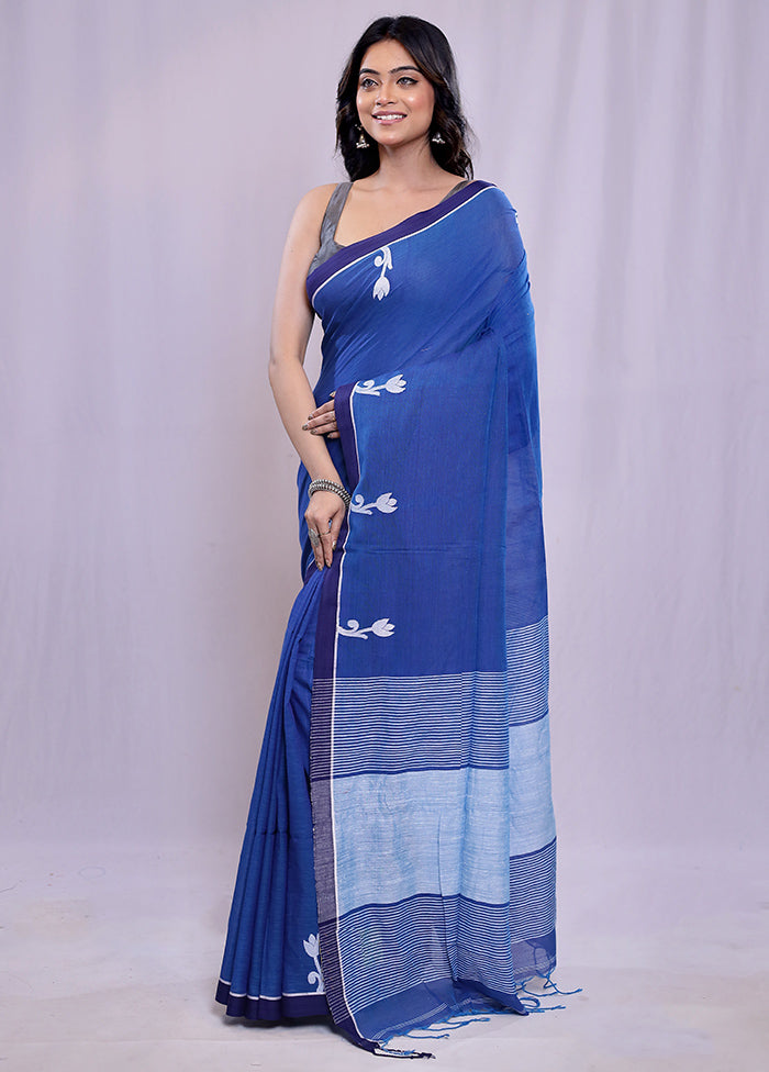 Blue Khadi Cotton Saree With Blouse Piece - Indian Silk House Agencies