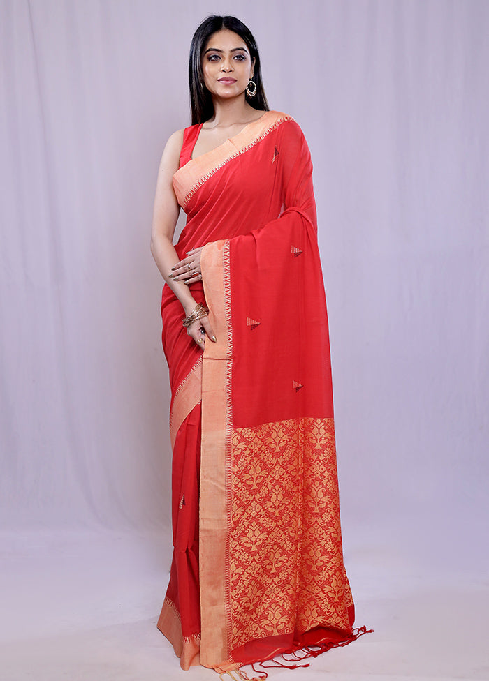 Red Khadi Cotton Saree With Blouse Piece - Indian Silk House Agencies