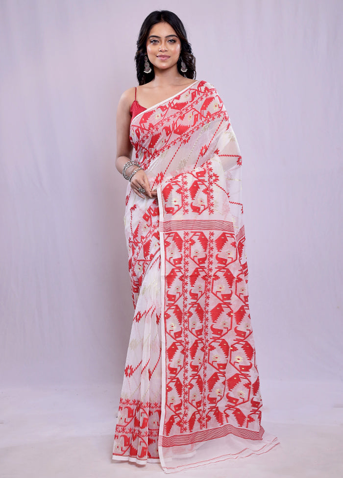 White Tant Cotton Saree Without Blouse Piece - Indian Silk House Agencies