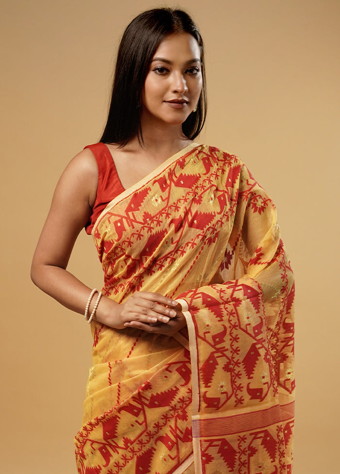 Yellow Tant Jamdani Saree Without Blouse Piece - Indian Silk House Agencies