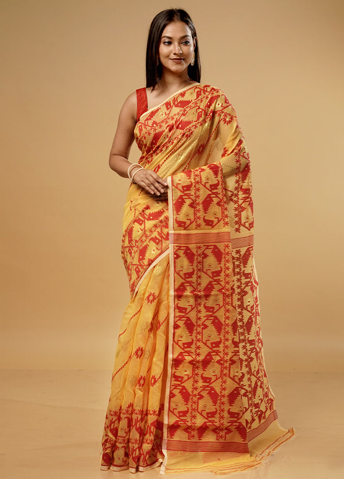 Yellow Tant Jamdani Saree Without Blouse Piece