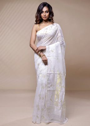 White Tant Jamdani Saree Without Blouse Piece - Indian Silk House Agencies