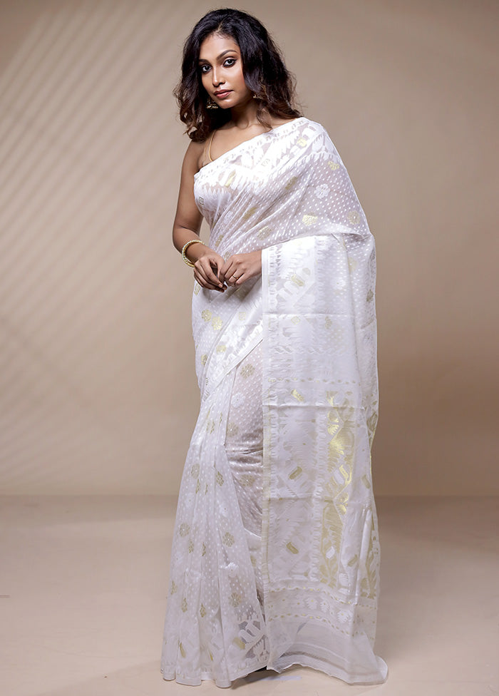 White Tant Jamdani Saree Without Blouse Piece - Indian Silk House Agencies