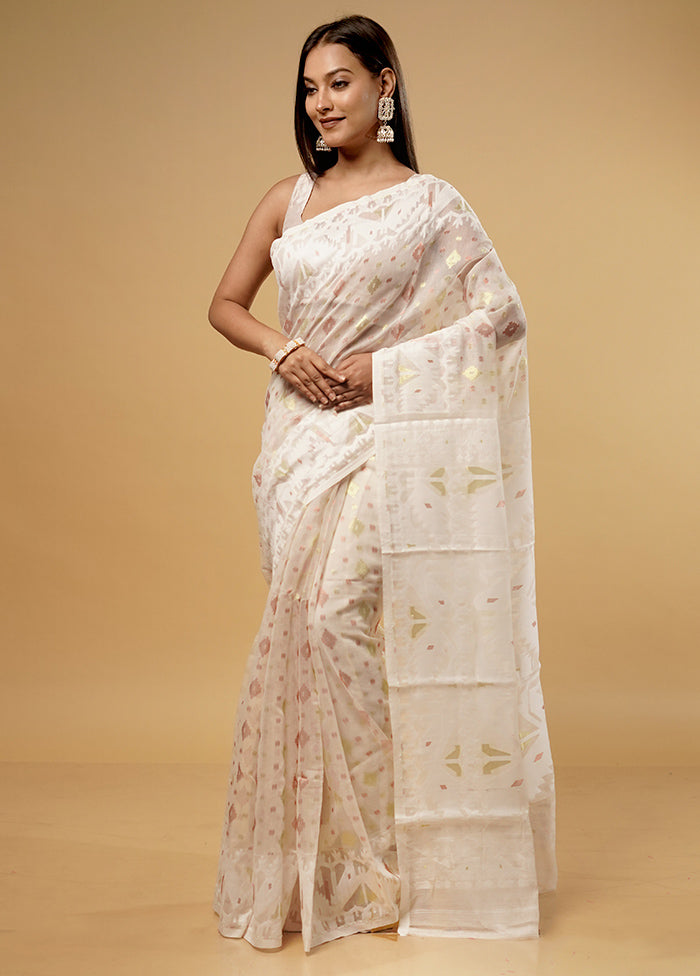 White Tant Jamdani Saree Without Blouse Piece - Indian Silk House Agencies