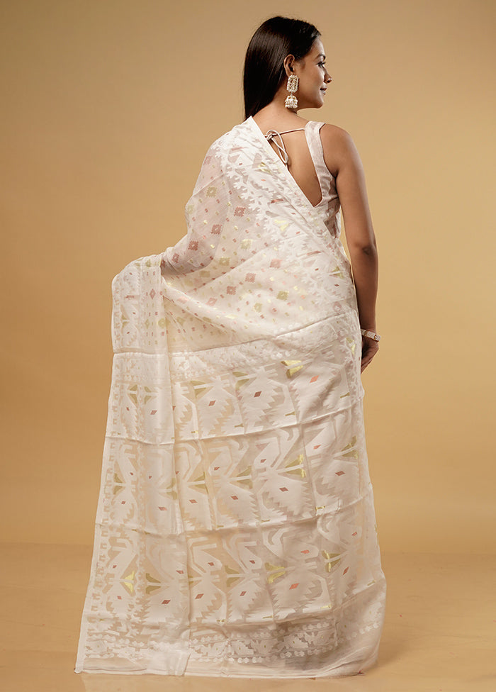 White Tant Jamdani Saree Without Blouse Piece - Indian Silk House Agencies