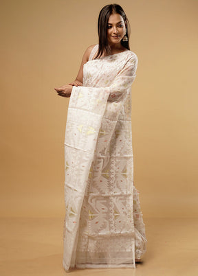 White Tant Jamdani Saree Without Blouse Piece - Indian Silk House Agencies