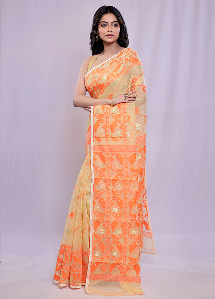 Cream Tant Cotton Saree Without Blouse Piece - Indian Silk House Agencies