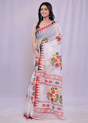 White Tant Cotton Saree Without Blouse Piece - Indian Silk House Agencies