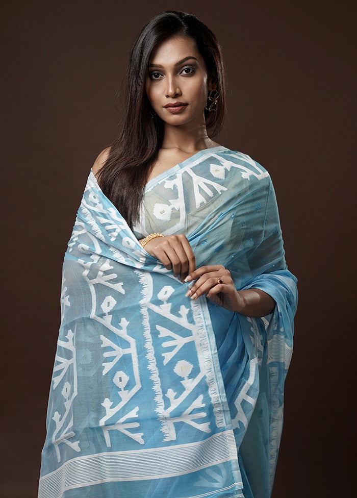 Blue Tant Jamdani Saree Without Blouse Piece - Indian Silk House Agencies