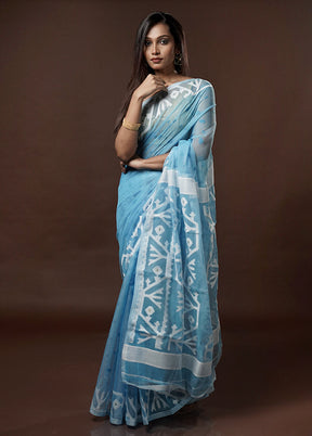 Blue Tant Jamdani Saree Without Blouse Piece - Indian Silk House Agencies