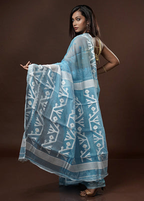 Blue Tant Jamdani Saree Without Blouse Piece - Indian Silk House Agencies