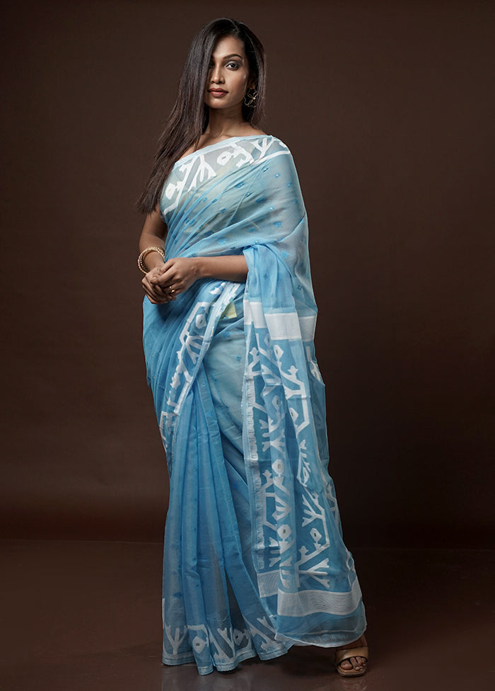 Blue Tant Jamdani Saree Without Blouse Piece - Indian Silk House Agencies