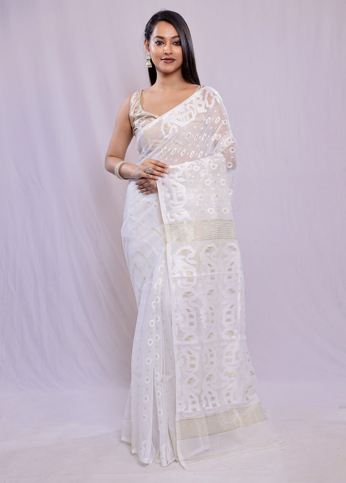 White Tant Cotton Saree Without Blouse Piece - Indian Silk House Agencies