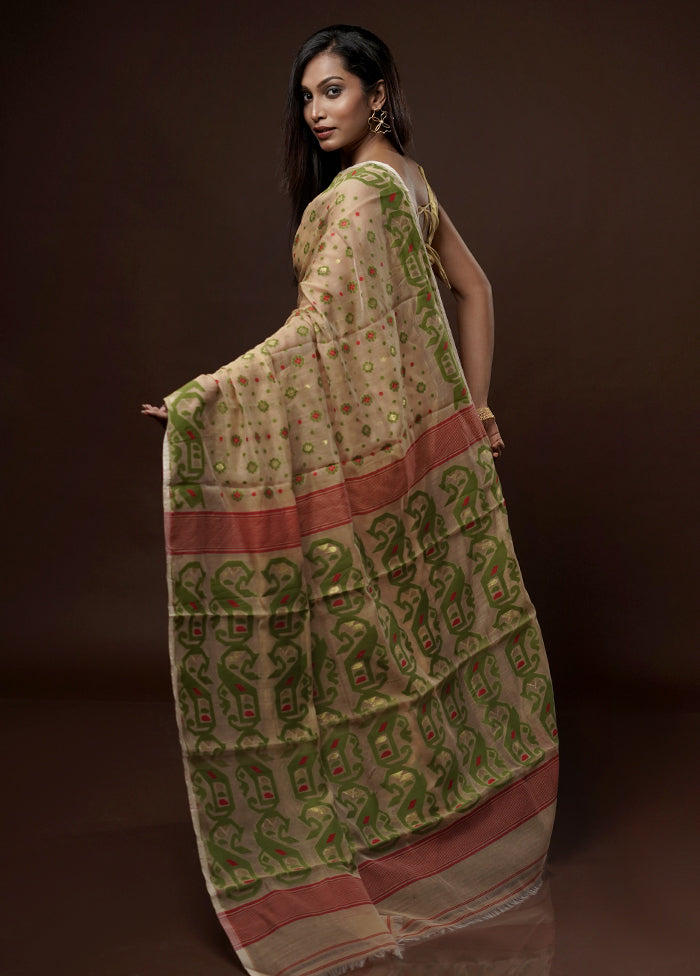 Cream Tant Jamdani Saree Without Blouse Piece - Indian Silk House Agencies