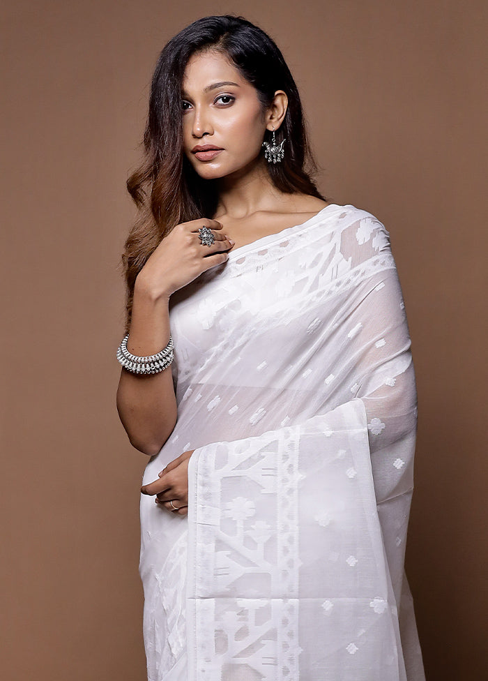 White Jamdani Cotton Saree Without Blouse Piece