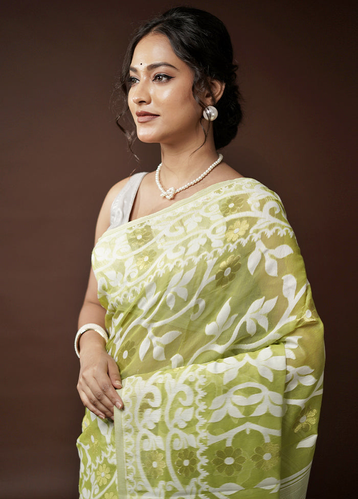 Green Tant Jamdani Saree Without Blouse Piece - Indian Silk House Agencies