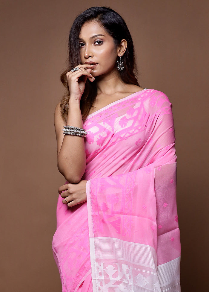 Pink Tant Jamdani Saree Without Blouse Piece