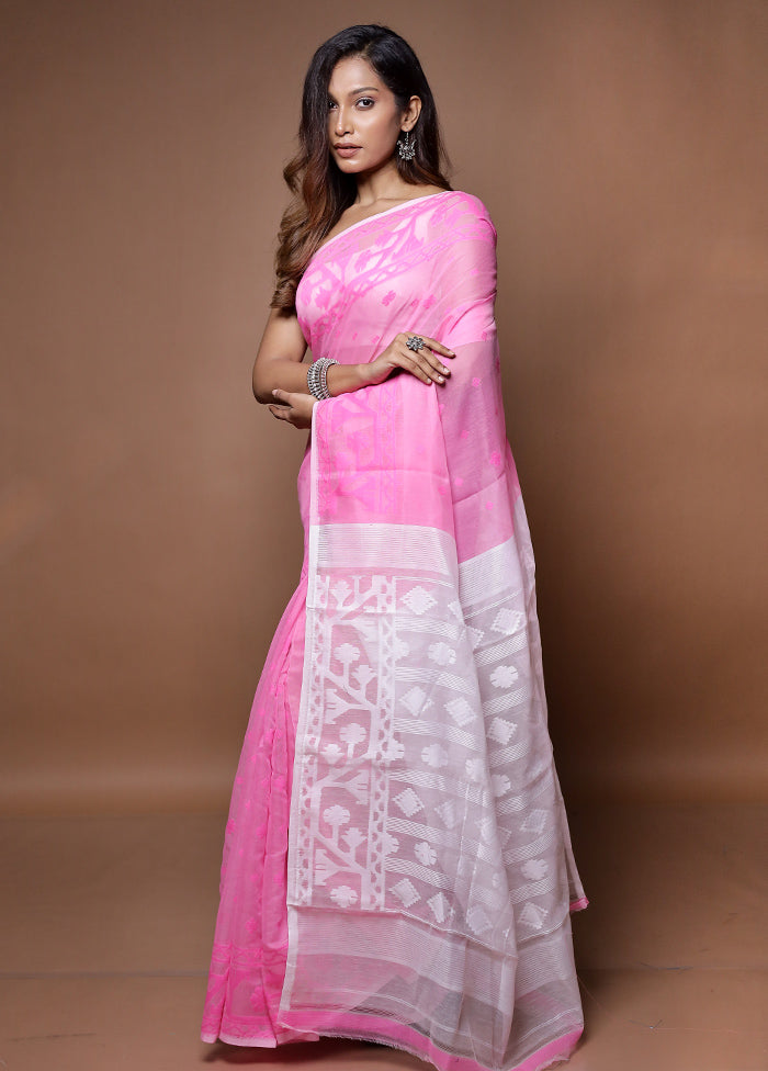 Pink Tant Jamdani Saree Without Blouse Piece