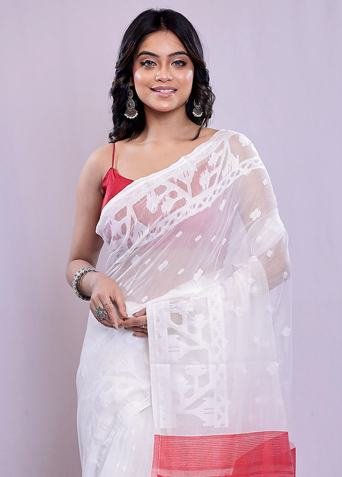 White Tant Cotton Saree Without Blouse Piece - Indian Silk House Agencies