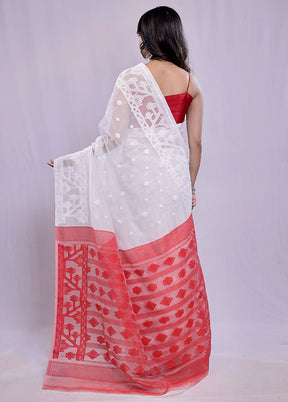 White Tant Cotton Saree Without Blouse Piece - Indian Silk House Agencies