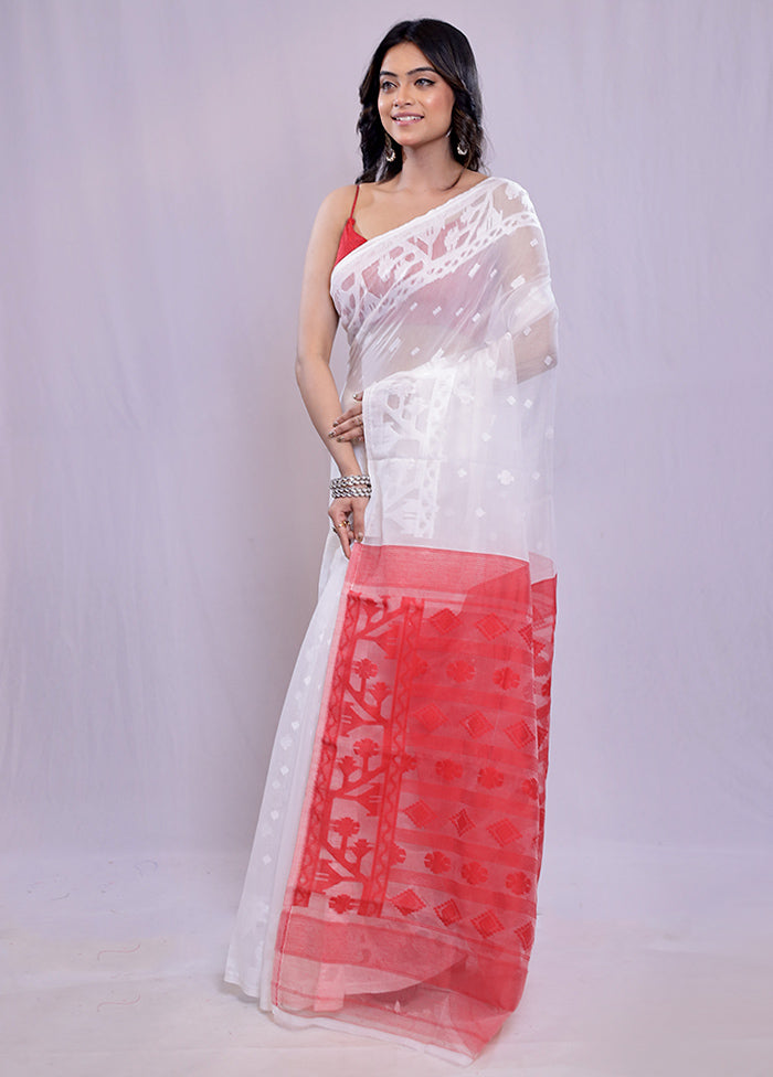 White Tant Cotton Saree Without Blouse Piece - Indian Silk House Agencies