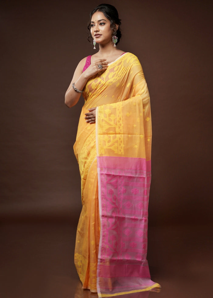 Yellow Tant Jamdani Saree Without Blouse Piece - Indian Silk House Agencies