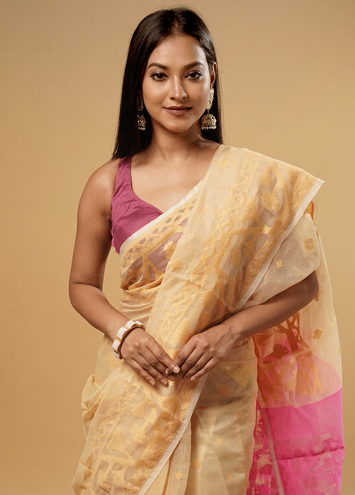 Cream Tant Jamdani Saree Without Blouse Piece - Indian Silk House Agencies