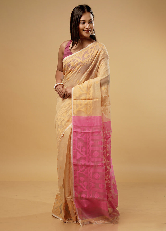 Cream Tant Jamdani Saree Without Blouse Piece - Indian Silk House Agencies