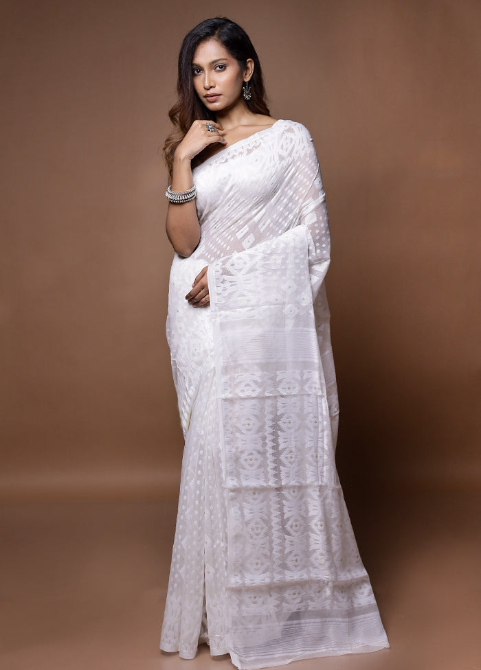 White Tant Jamdani Saree Without Blouse Piece - Indian Silk House Agencies