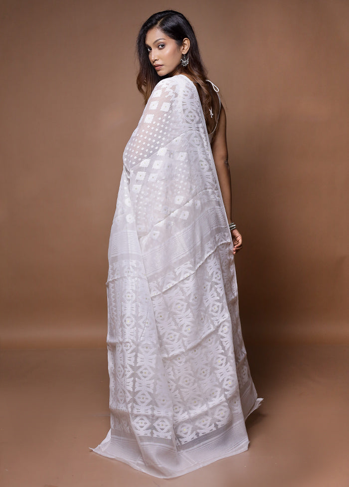 White Tant Jamdani Saree Without Blouse Piece - Indian Silk House Agencies