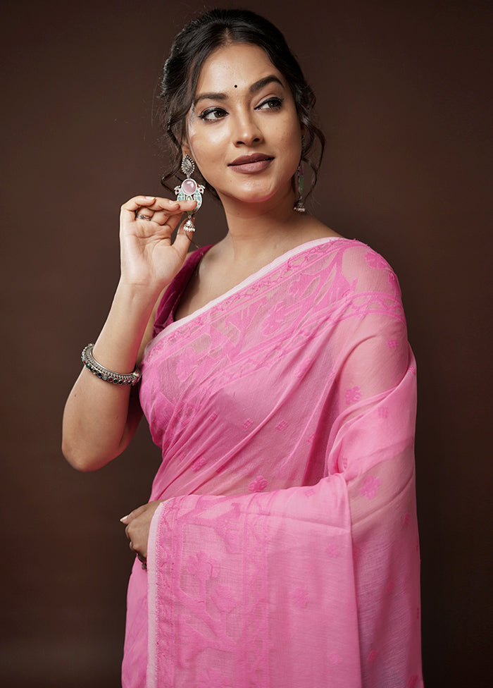 Pink Tant Jamdani Saree Without Blouse Piece - Indian Silk House Agencies