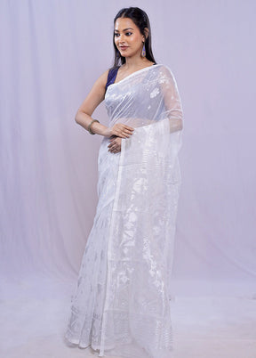 White Tant Cotton Saree Without Blouse Piece - Indian Silk House Agencies