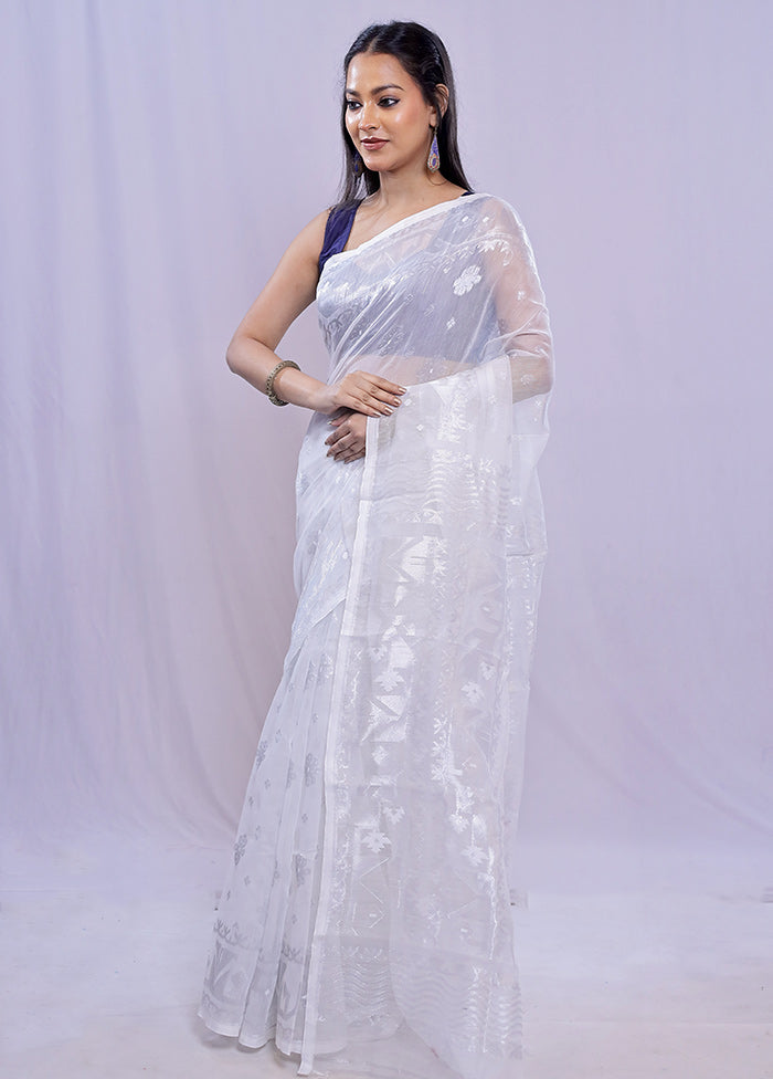 White Tant Cotton Saree Without Blouse Piece - Indian Silk House Agencies