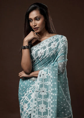 Blue Tant Jamdani Saree Without Blouse Piece - Indian Silk House Agencies