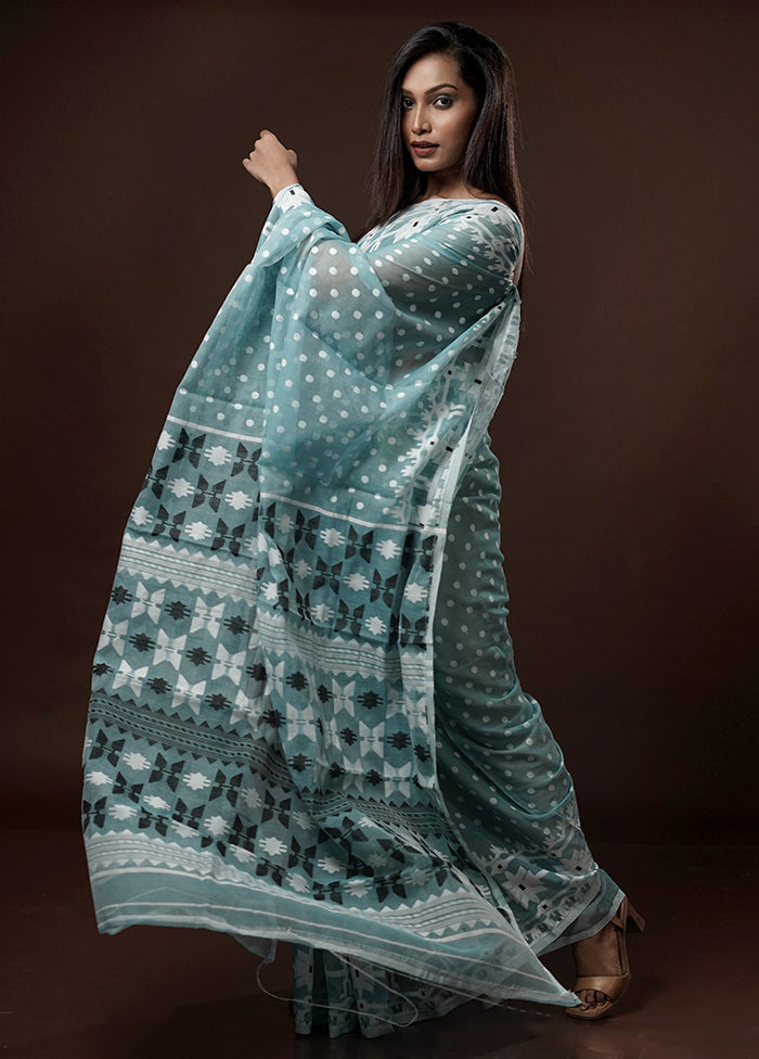 Blue Tant Jamdani Saree Without Blouse Piece - Indian Silk House Agencies