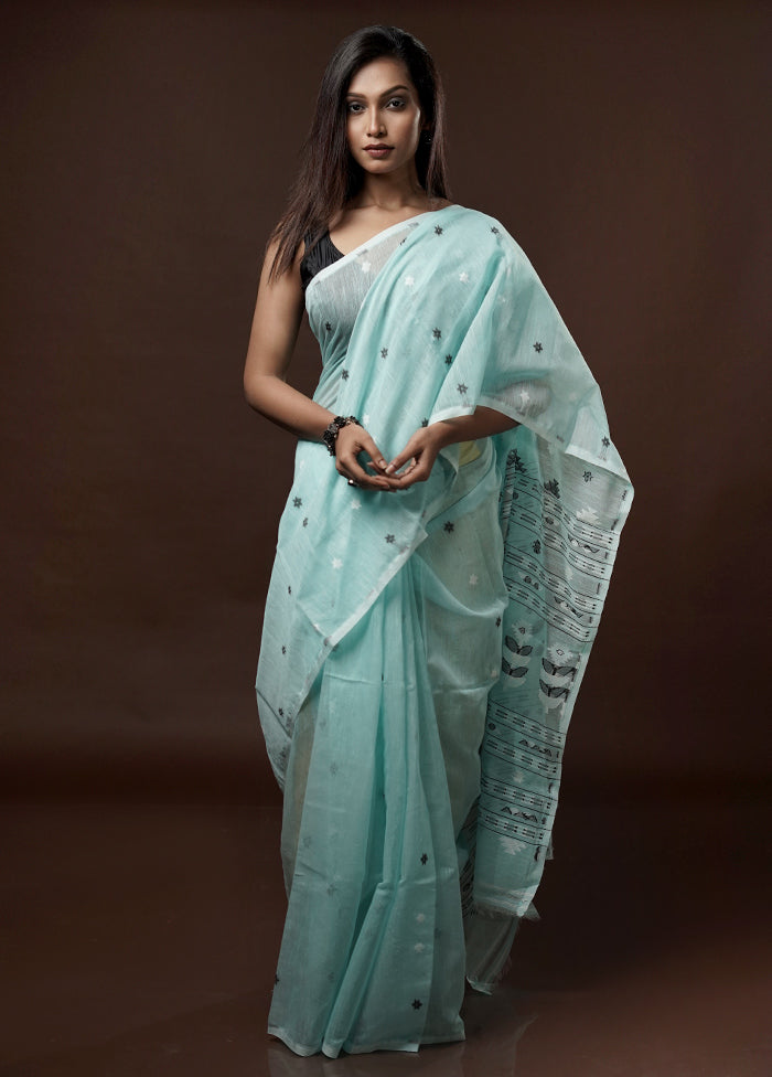 Blue Tant Jamdani Saree Without Blouse Piece - Indian Silk House Agencies