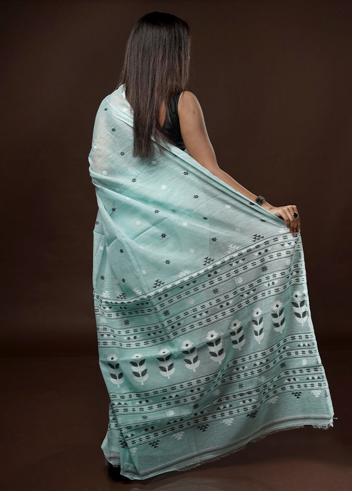 Blue Tant Jamdani Saree Without Blouse Piece - Indian Silk House Agencies