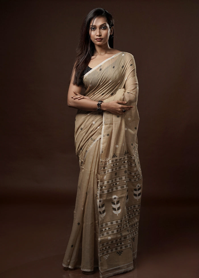 Cream Tant Jamdani Saree Without Blouse Piece - Indian Silk House Agencies