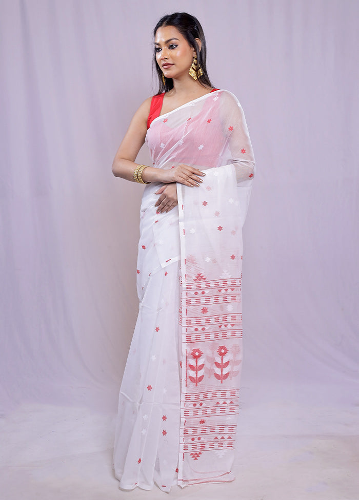 White Tant Cotton Saree Without Blouse Piece - Indian Silk House Agencies