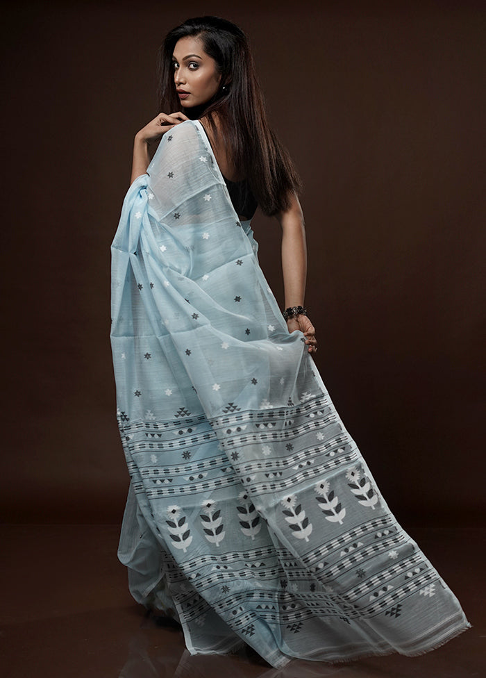 Blue Tant Jamdani Saree Without Blouse Piece - Indian Silk House Agencies