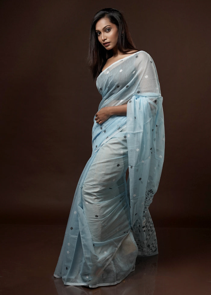 Blue Tant Jamdani Saree Without Blouse Piece - Indian Silk House Agencies