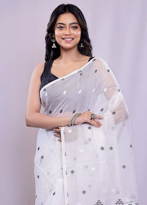 White Tant Cotton Saree Without Blouse Piece - Indian Silk House Agencies